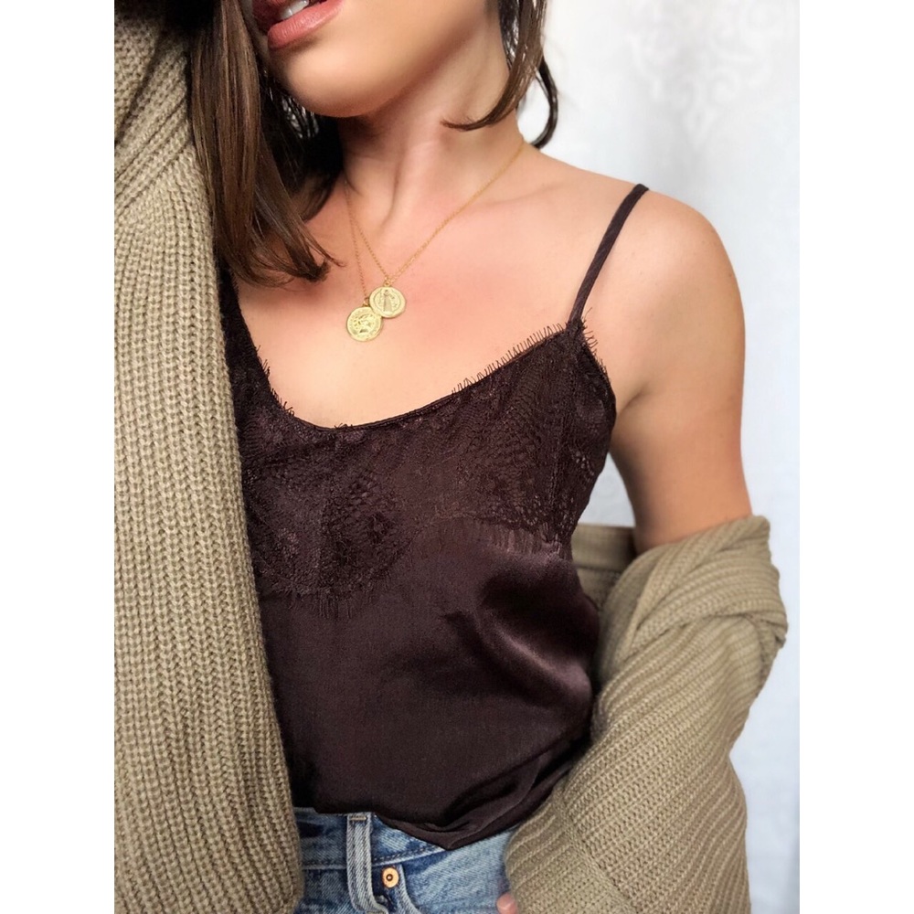 🆕Coralee Chocolate Brown Satin & Lace Cami Top - Picture 5 of 8